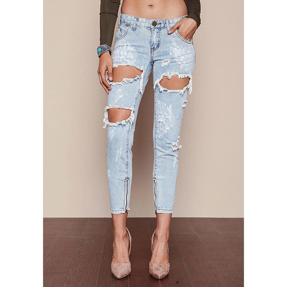 One Teaspoon Denim - One Teaspoon Trashed Freebirds Ankle Low Rise Light Wash Distressed Jeans 24